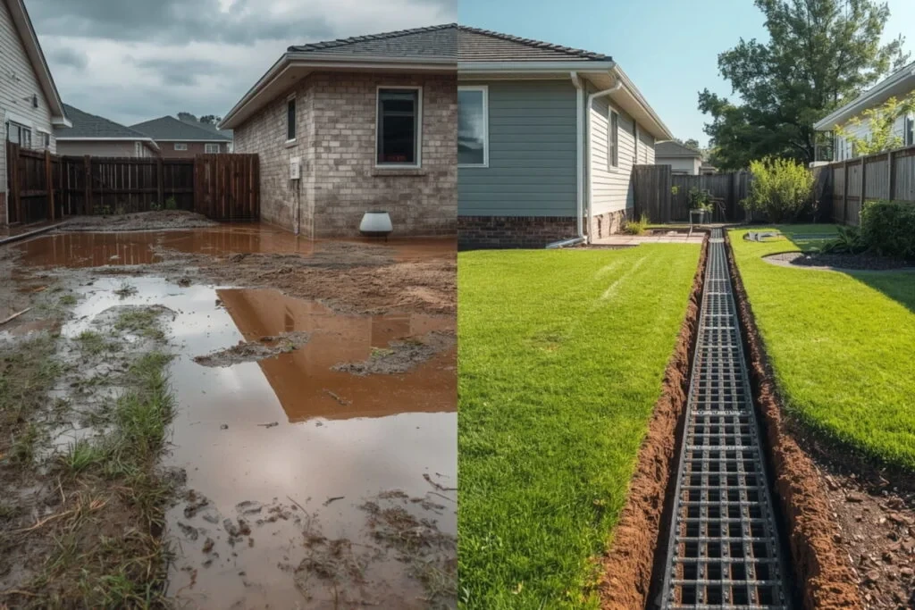 Drainage work prepared behind a retaining wall