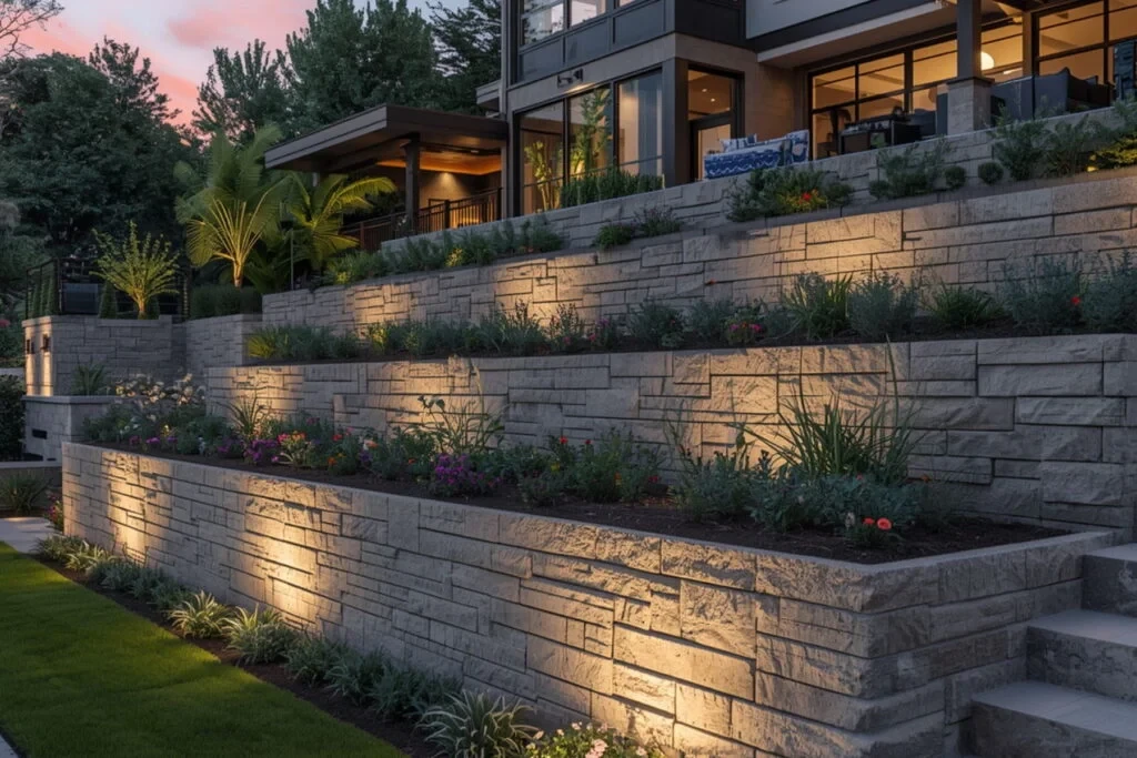 Retaining wall installation on a landscaped Gold Coast site