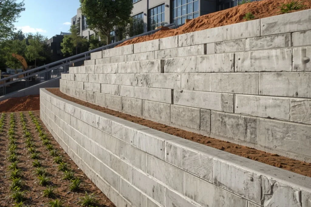 Restored retaining wall with clean landscape finish