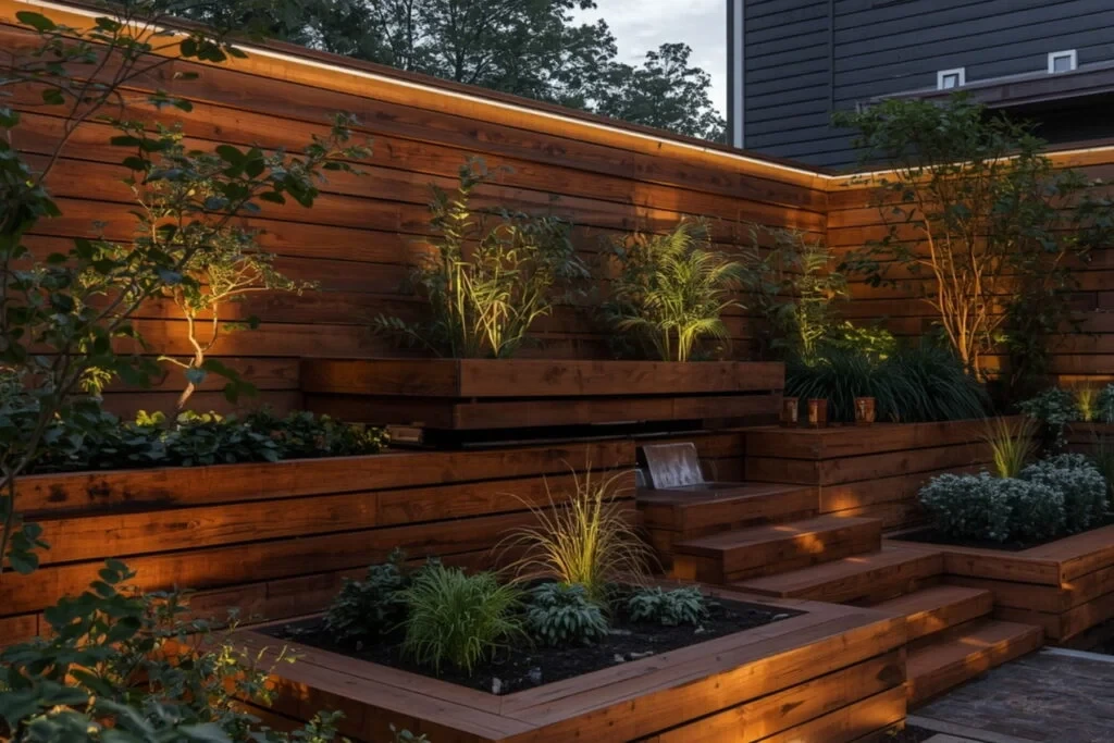 Timber retaining wall with garden finish